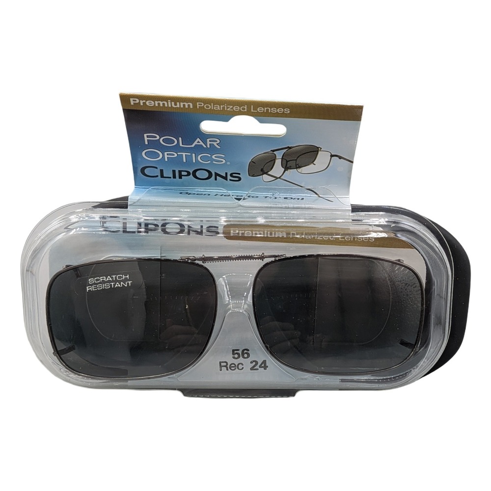 Polar Optics ClipOn Sunglasses Polarized Gray Rectangle Lenses 56 Rec 24 GM